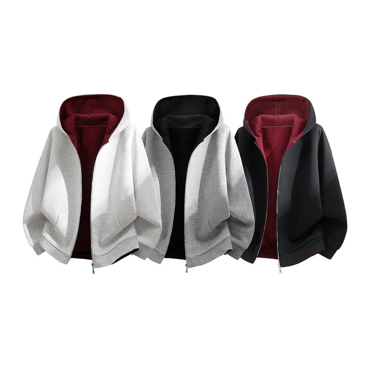 Unisex Oversize Zip-Hoodie mit zweifarbigem Innenfutter, Boxy-Schnitt & Zwei-Wege-Reißverschluss Drune