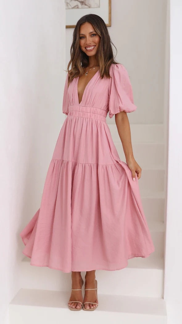 Drune | Lässige Trends Sommer V-Ausschnitt Figurbetont Taillenkleid Midilänge