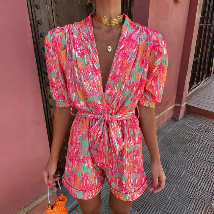 Damen Eleganter Jumpsuit mit tiefem V-Ausschnitt und knöpfbarem Gürtel Drune