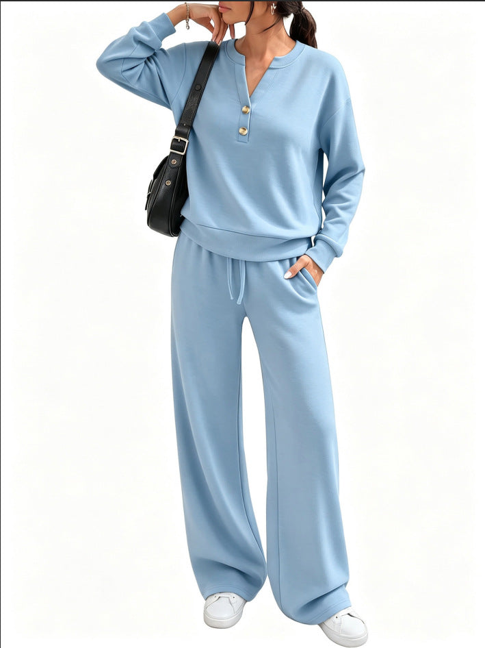 Damen Lounge-Set mit Henley-Kragen und palazzoweiter Jogginghose Drune