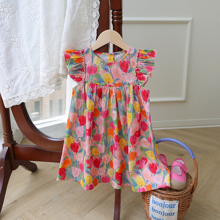 Mädchen Floral Print Rüsch A-Linie Kleid Drune