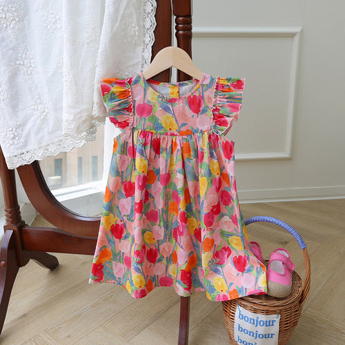 Mädchen Floral Print Rüsch A-Linie Kleid Drune