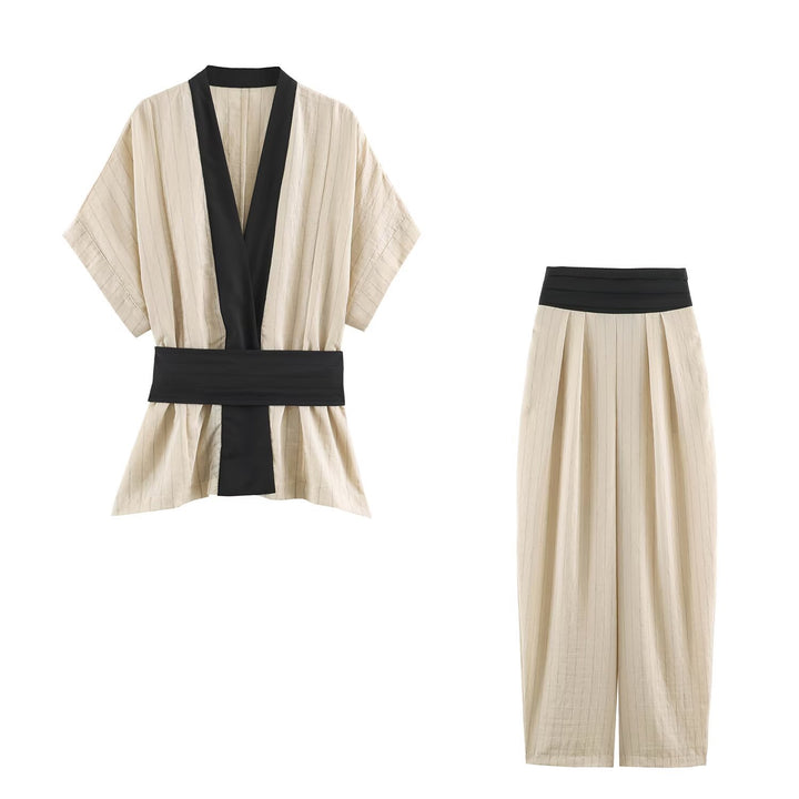 Damen Kimono-Wrap-Bluse mit Kontrastbesatz und Taillengürtel Drune