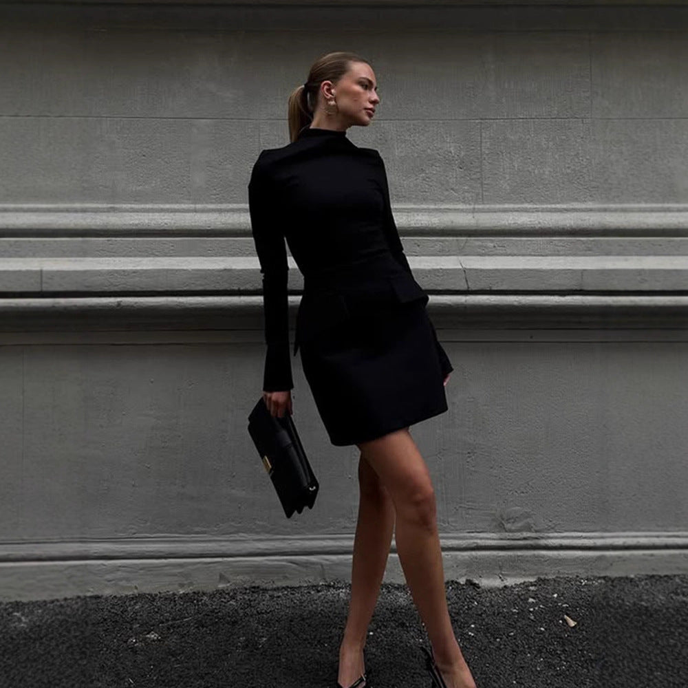 Damen Tailliertes Mini-Kleid mit Stehkragen, langen Ärmeln & Schößchen Drune
