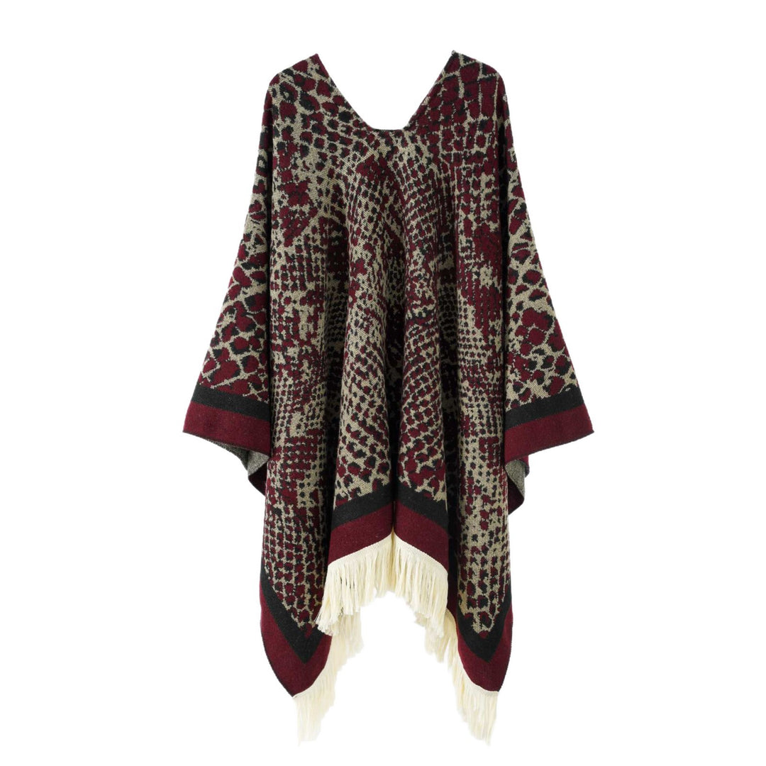 Damen Jacquard-Knitcape mit Leoparden‑Print, V‑Ausschnitt und Fransensaum Drune
