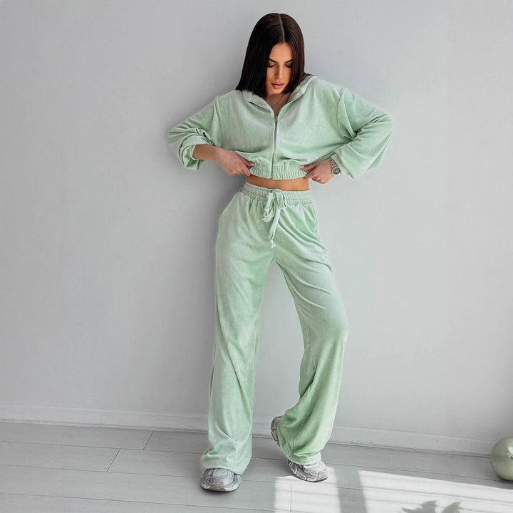 Damen Zweiteiliges Samt-Loungewear-Set mit Cropped-Zipjacke und weiter High-Waist-Sweathose Drune