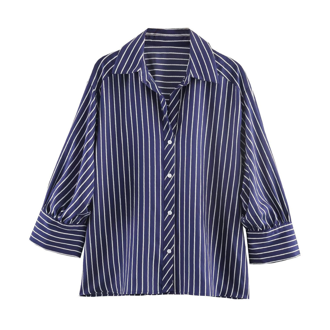 Damen Oversized Hemdbluse mit vertikalen Streifen, Ballonärmeln und breiten Manschetten Drune