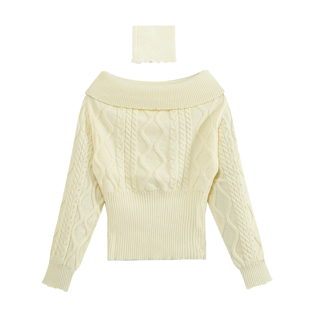 Damen Off-Shoulder Zopfstrick-Pullover mit weitem Rippbund und Umschlagkragen Drune