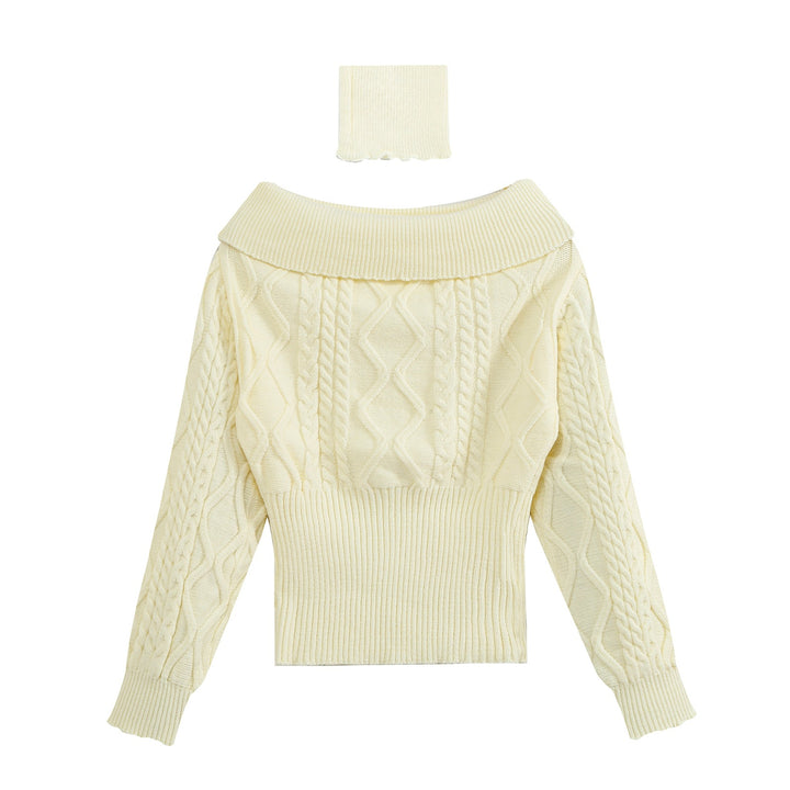 Damen Off-Shoulder Zopfstrick-Pullover mit weitem Rippbund und Umschlagkragen Drune