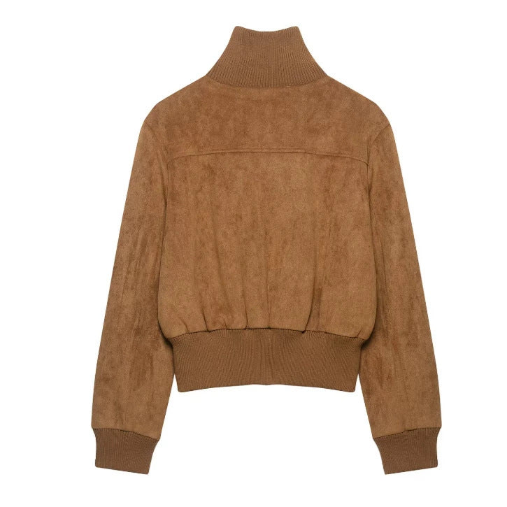 Damen Kurzer Veloursleder‑Bomber mit Stehkragen, aufgesetzten Klappentaschen und Rippenbündchen Drune