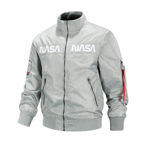 Men's  retro-space pilot bomber with embroidered NASA chest panels and sleeve utility pocket Drune
