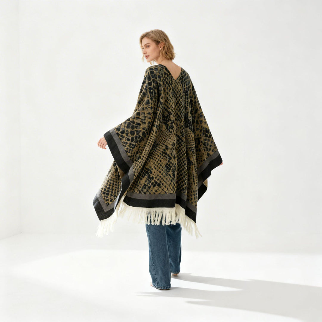 Damen Jacquard-Knitcape mit Leoparden‑Print, V‑Ausschnitt und Fransensaum Drune