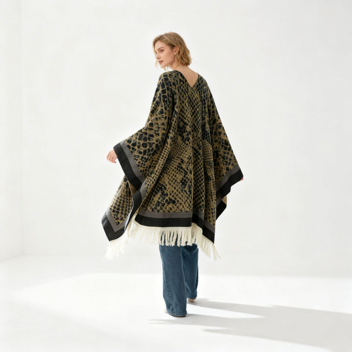 Damen Jacquard-Knitcape mit Leoparden‑Print, V‑Ausschnitt und Fransensaum Drune
