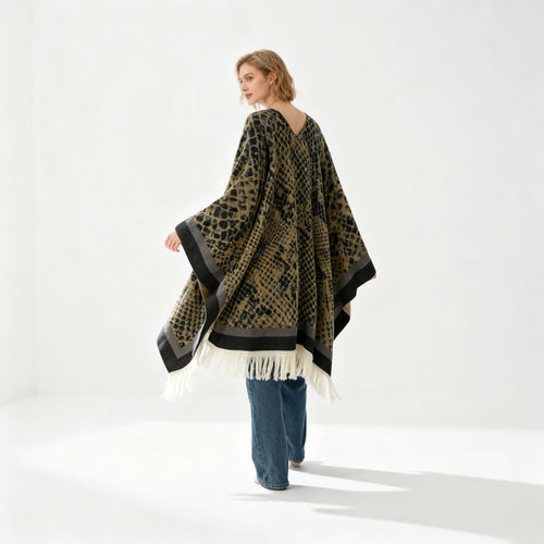 Damen Jacquard-Knitcape mit Leoparden‑Print, V‑Ausschnitt und Fransensaum Drune