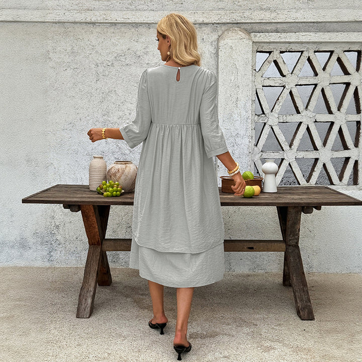 Damen Lagen-Midikleid mit geraffter Taille, 3/4-Ärmeln und lockerem A-Linien-Schnitt Drune
