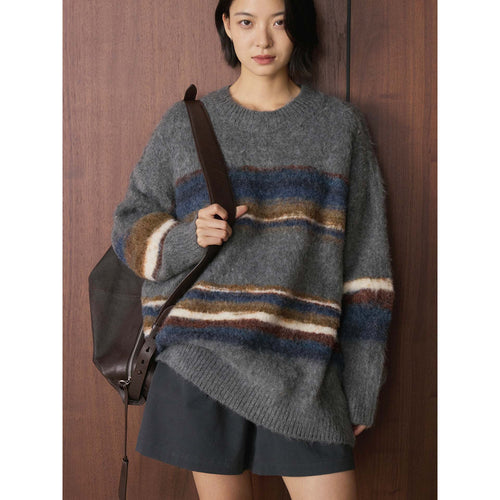 Damen Weicher Mohair-Mix Pullover mit gestreifter Relaxed-Silhouette Drune