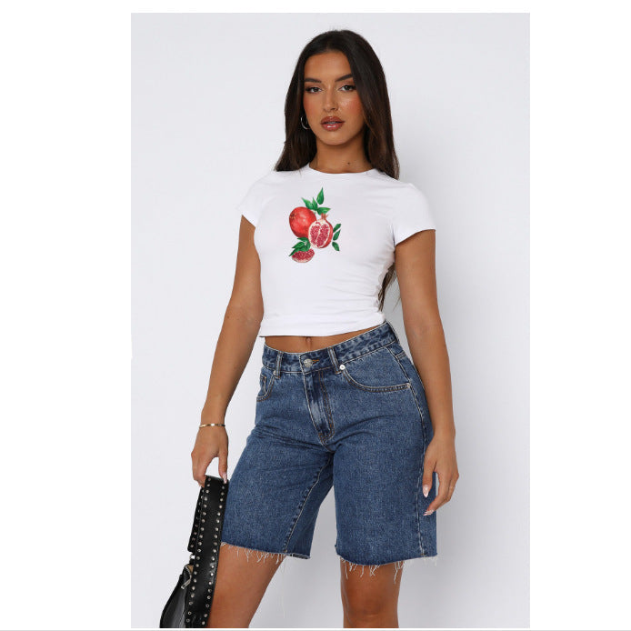 Damen Kurzarm Crop-Top mit fruchtigem Motiv und figurbetontem Schnitt Drune