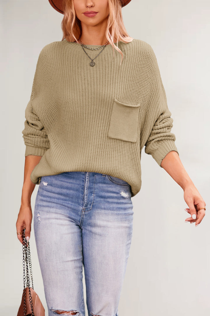 Damen lässiger Strickpullover mit Brusttasche Drune