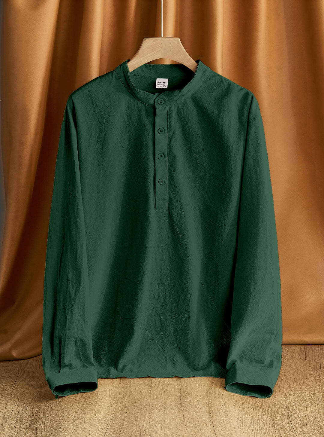 Herren Leinen-Mix Langarmshirt Henley mit Stehkragen Drune
