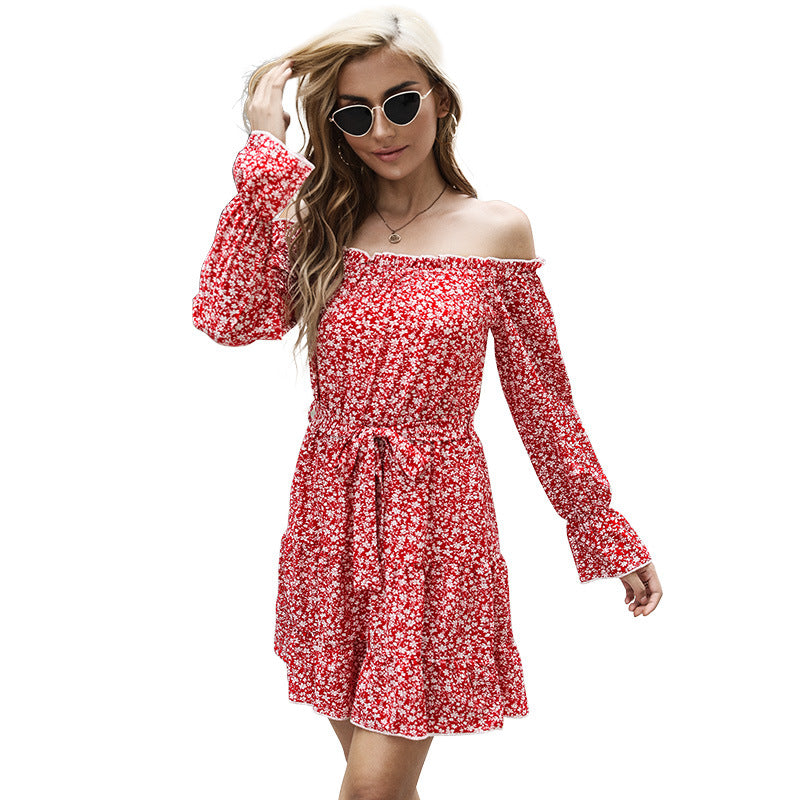 Damen Schulterfreies Blumen-Minikleid mit Taillenschnur und Stufenrock Drune