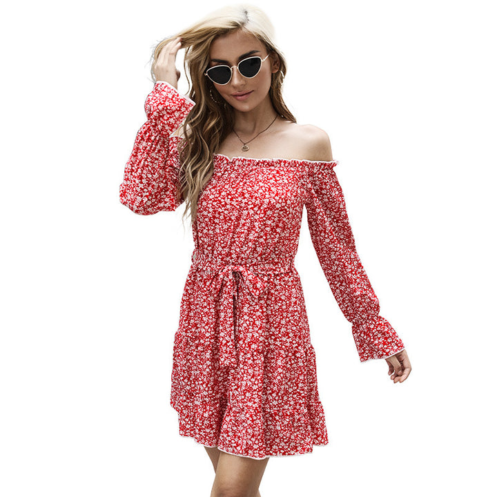 Damen Schulterfreies Blumen-Minikleid mit Taillenschnur und Stufenrock Drune
