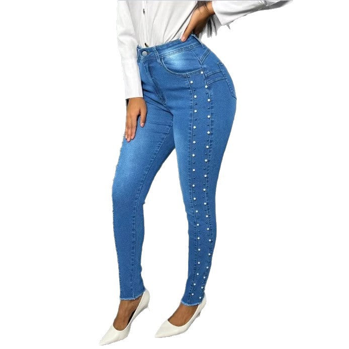 Damen Figurformende hochtaillierte Skinny-Jeans mit seitlicher Perlenzier Drune
