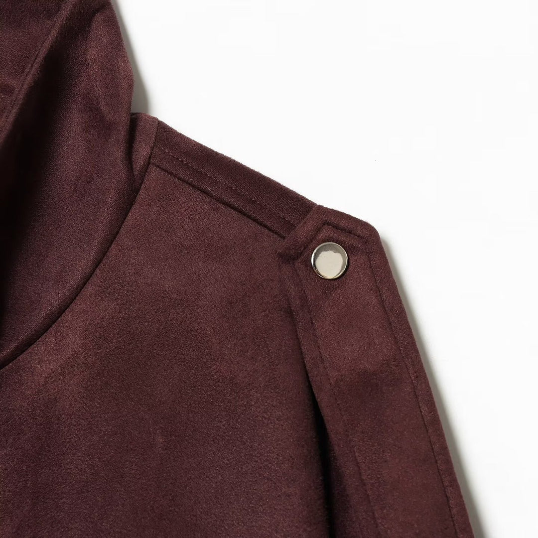 Damen Kurze Boxy-Jacke in Wildlederoptik mit Funnelkragen und Pattentaschen Drune