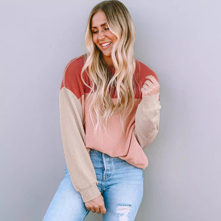 Damen lässiger Pullover mit Rippstruktur und Farbblöcken Drune