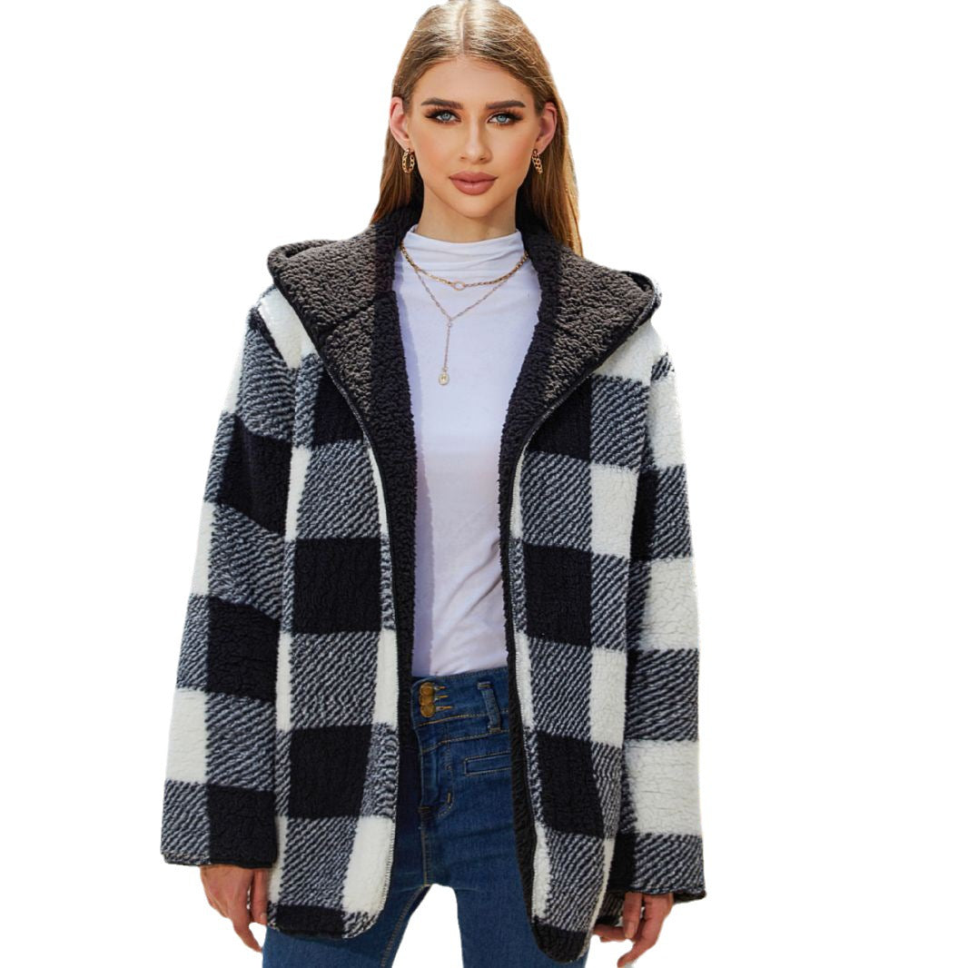 Damen Plüschige Karojacke mit oversized Passform und Kapuze Drune