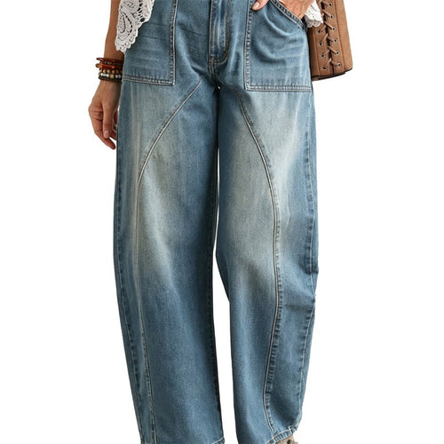 Damen Weite hochgeschnittene Jeans mit geschwungenen Nahtdetails und aufgesetzten Taschen Drune