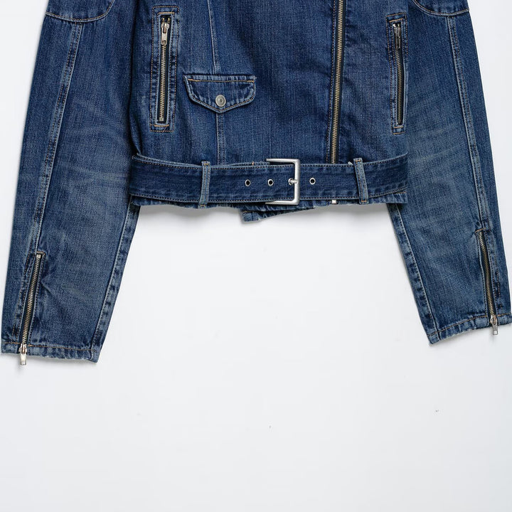 Damen Kurze Denim-Bikerjacke mit Gürtel und asymmetrischem Reißverschluss Drune
