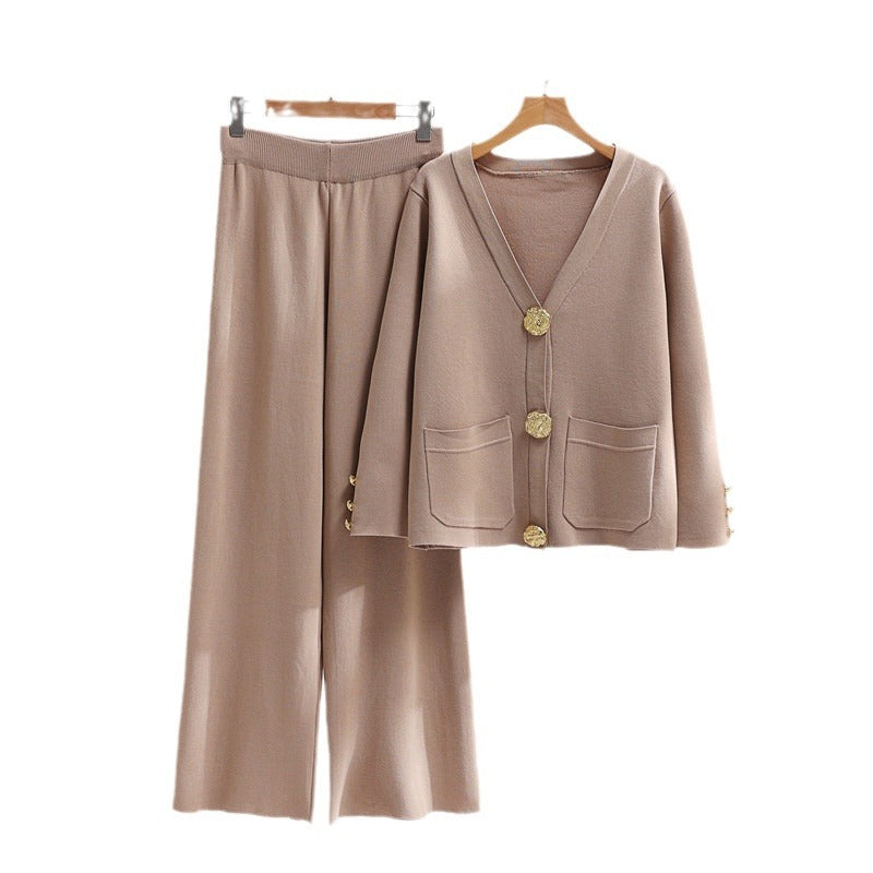 Damen elegantes Strick-Loungewear-Set mit weiten Bein und schönen Knöpfen Drune