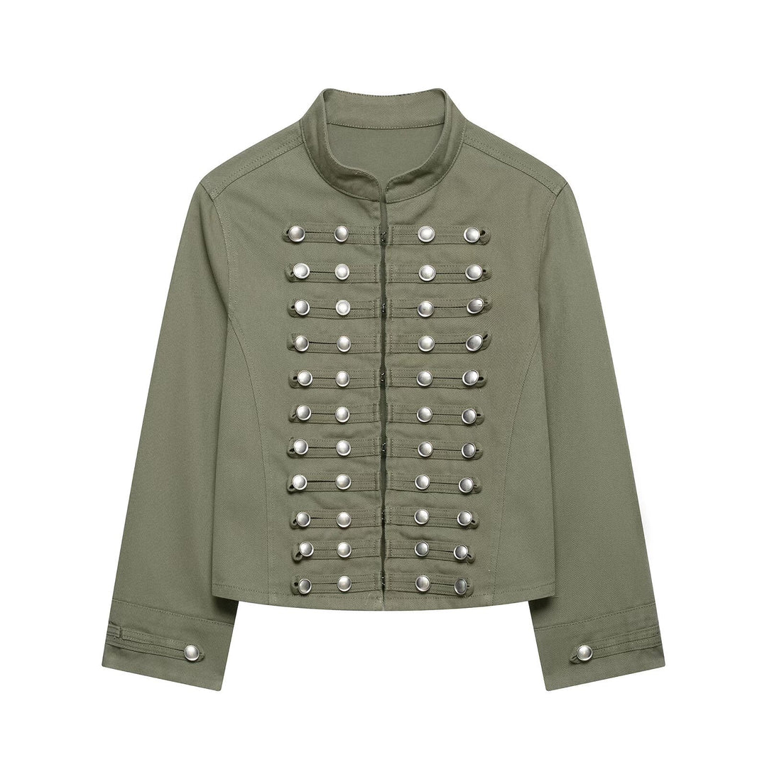 Damen Taillierte Denim‑Blazerjacke im militärisch inspirierten Marschallstil mit Zierknopfleiste Drune