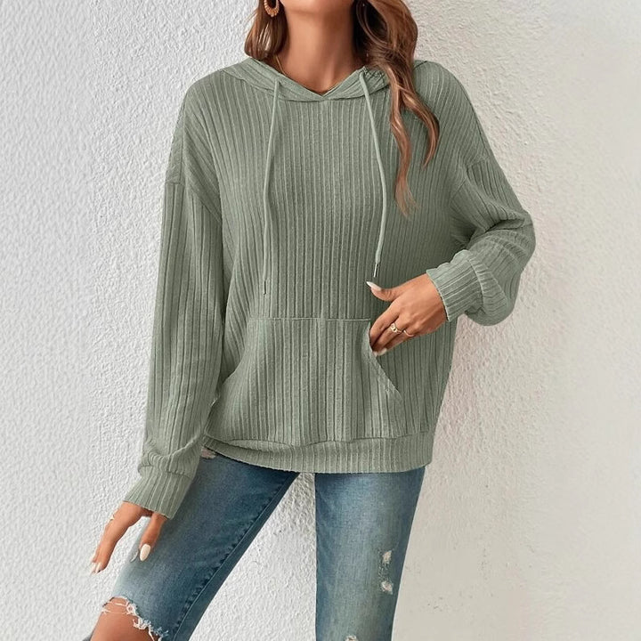 Damen lässiger Kapuzenpullover mit Rippenstruktur und Kängurutasche Drune