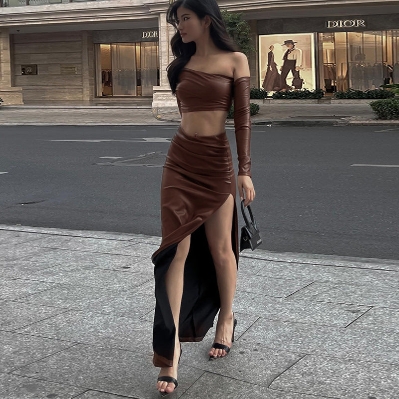 Damen elegantes asymmetrisches Cropped-Oberteil mit langen Ärmeln Drune