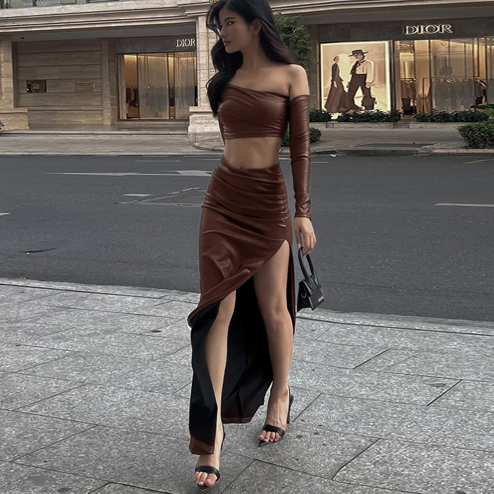 Damen elegantes asymmetrisches Cropped-Oberteil mit langen Ärmeln Drune