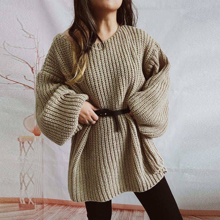 Damen lässiger Strickpullover mit weitem Schnitt und überschnittenen Schultern Drune
