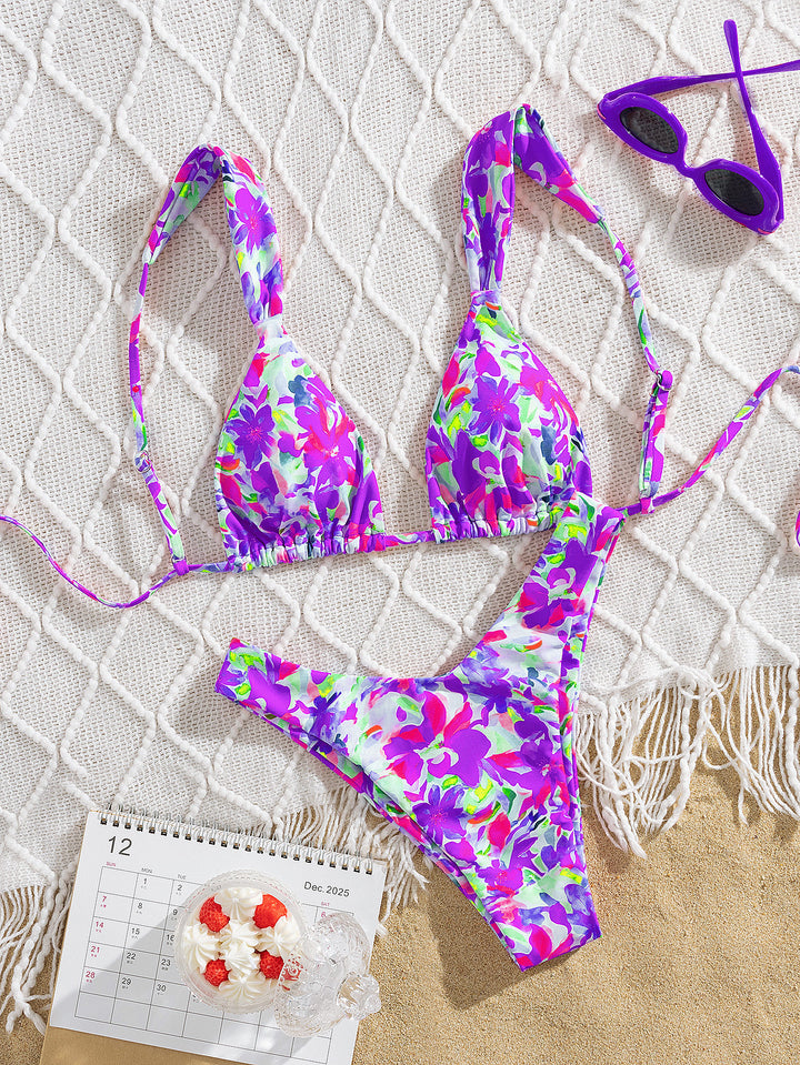 Damen Triangel-Bikini mit buntem Blumendesign und verstellbaren Trägern Drune