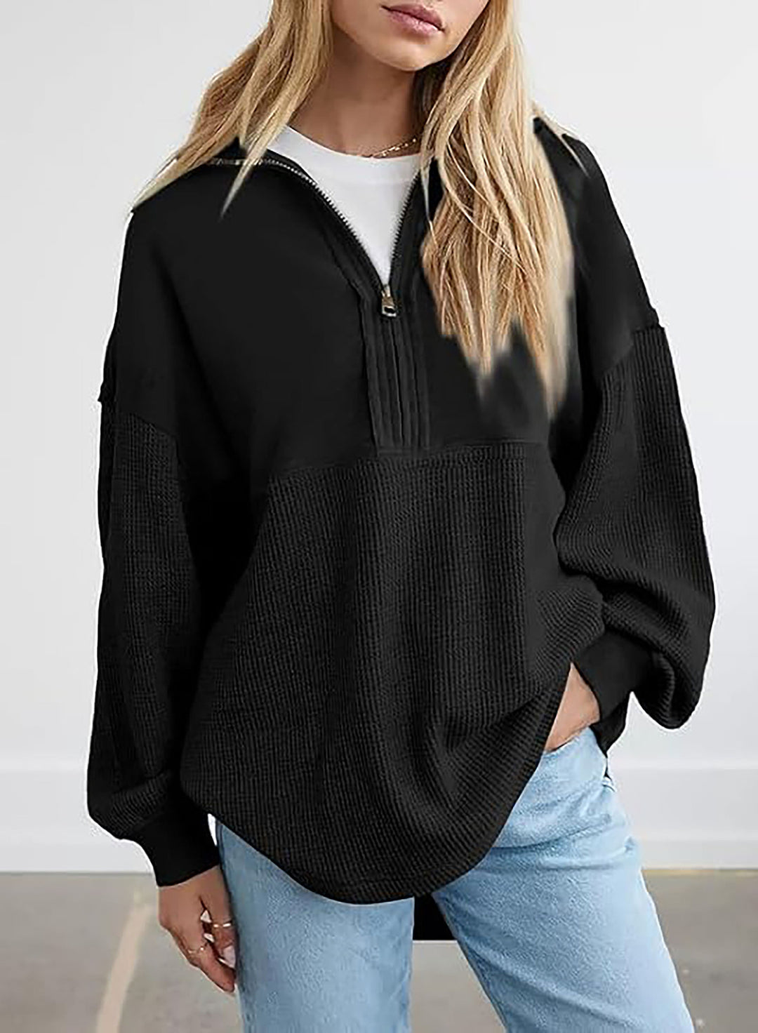 Damen lässiger Kapuzenpullover mit halblangem Reißverschluss und strukturiertem Material Drune