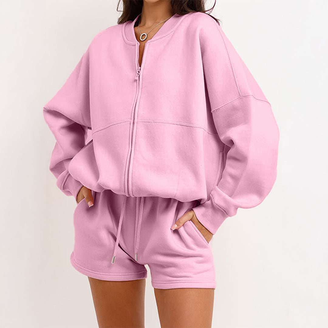 Damen nan zweiteiliges Sweat-Set mit oversized Reißverschluss-Jacke und elastischer Highwaist-Shorts Drune