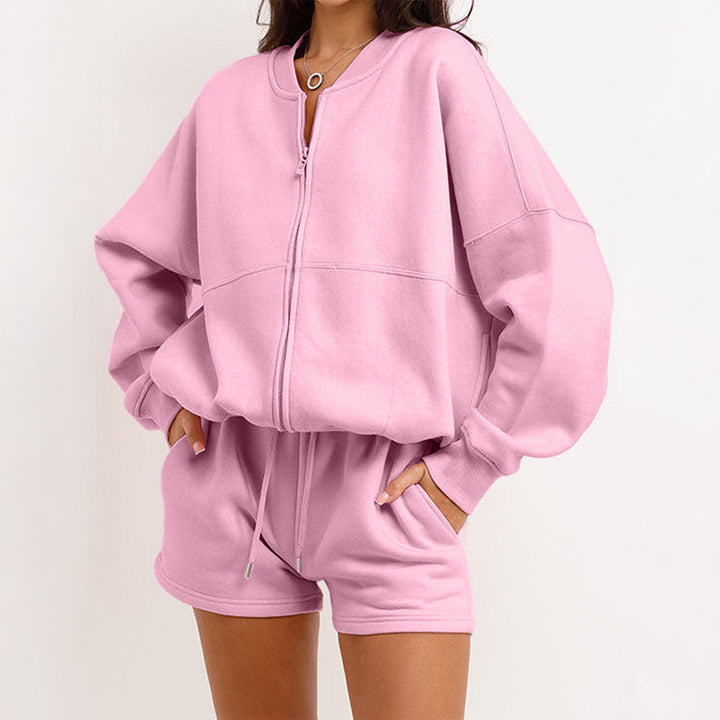 Damen nan zweiteiliges Sweat-Set mit oversized Reißverschluss-Jacke und elastischer Highwaist-Shorts Drune