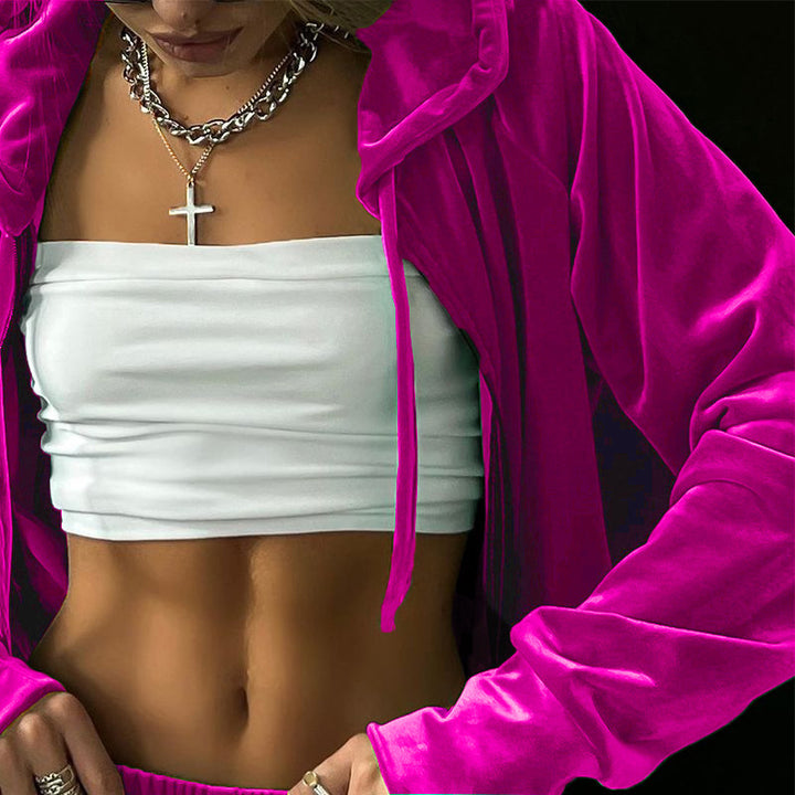 Damen Sportlicher Velour-Jogginganzug mit hohem Bund Drune