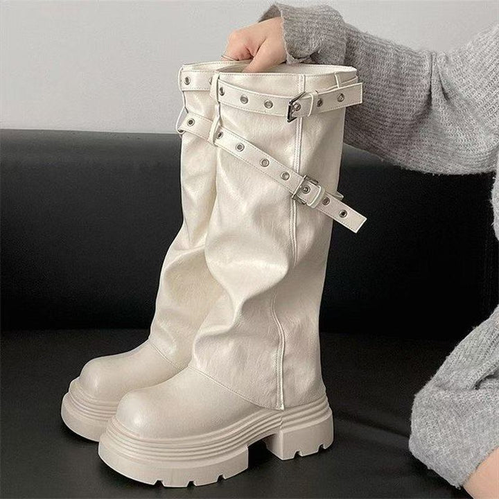 Damen Plateau-Stiefel mit modischem Schnallenverschluss und eleganter Faltenoptik Drune