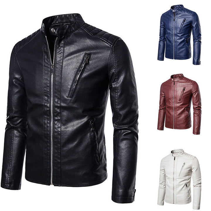 Herren Slim-Fit Kunstleder-Motorradblouson mit gesteppter Schulterpartie und hochgeschlossenem Stehkragen Drune