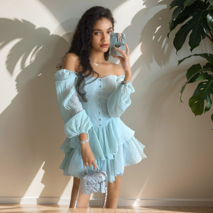 Damen Schulterfreies Stufen-Minikleid mit Knopfleiste Drune