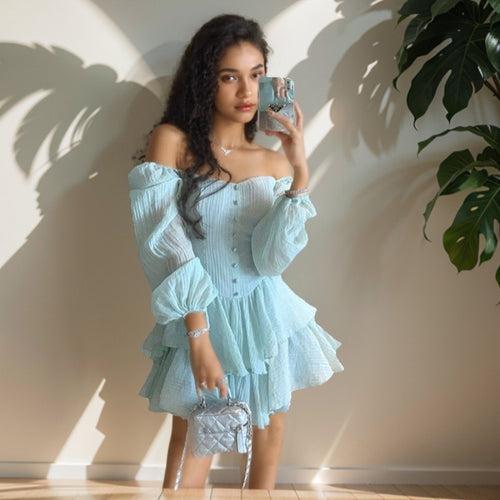 Damen Schulterfreies Stufen-Minikleid mit Knopfleiste Drune