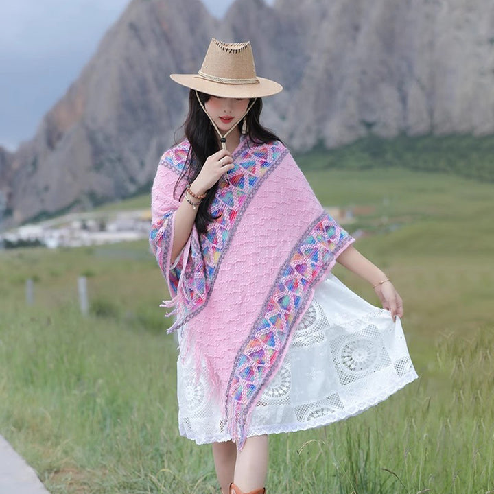 Damen Oversize-Poncho mit Fransen und geometrischem Jacquardbesatz Drune