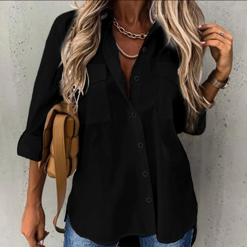 Damen lässige Hemdbluse mit Brusttaschen und modischem Schnitt Drune