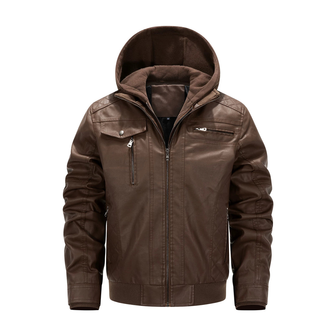 Herren Kunstleder-Bikerjacke mit abnehmbarer Kapuzenblende und gesteppter Seitenpartie Drune
