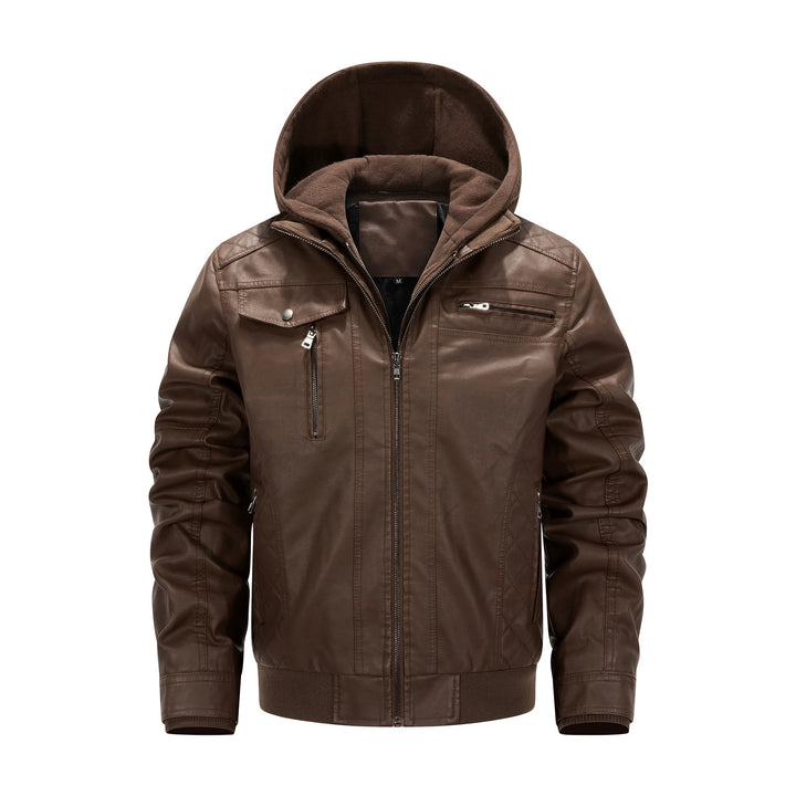 Herren Kunstleder-Bikerjacke mit abnehmbarer Kapuzenblende und gesteppter Seitenpartie Drune